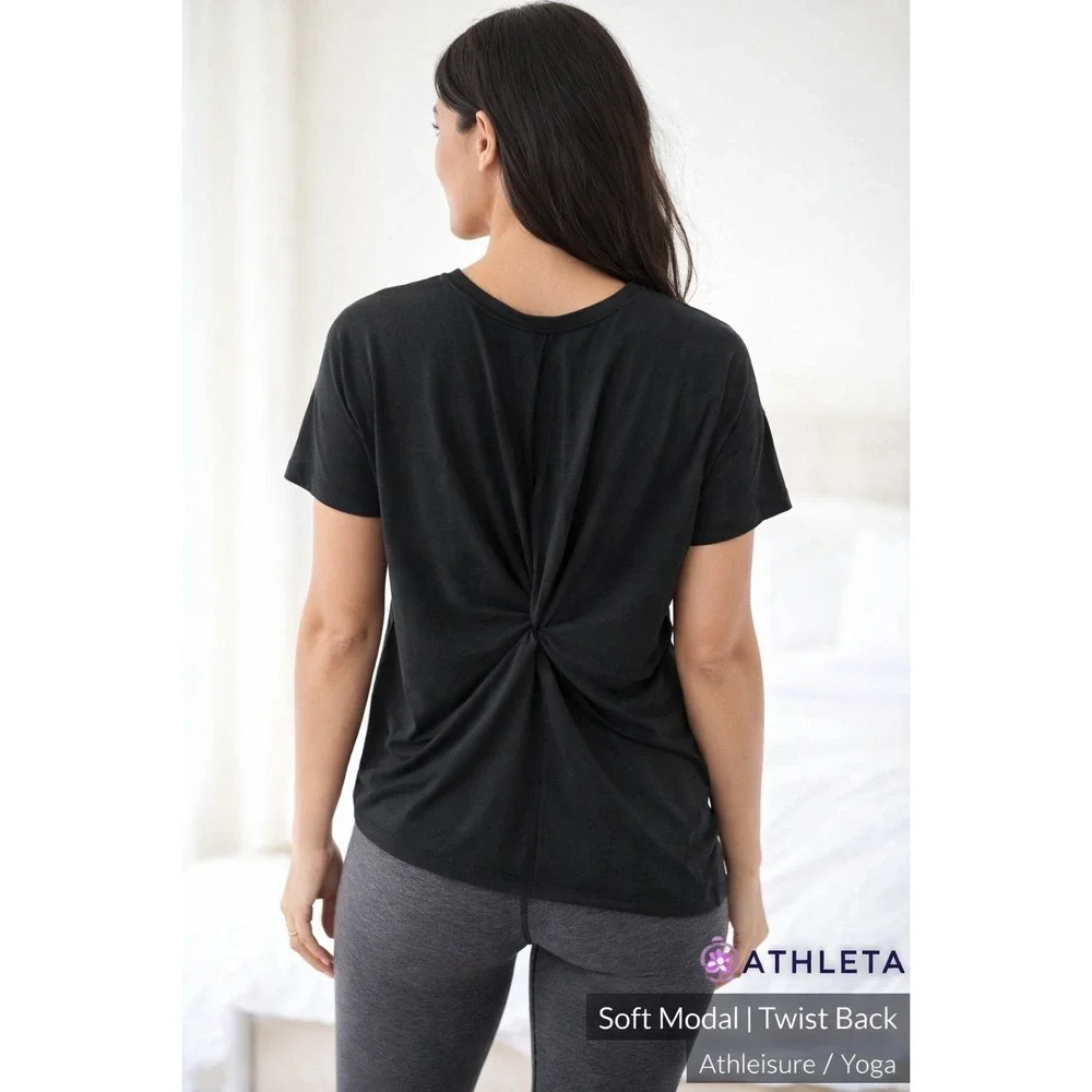 NWT Athleta Modal Twist Back Black Tee Womens XXS Athleisure Soft Yoga Top